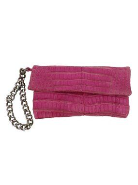 Jamah Barbi Pink Crocodile Leather Suede Lining Chain Strap Wristlet Handbag Bag
